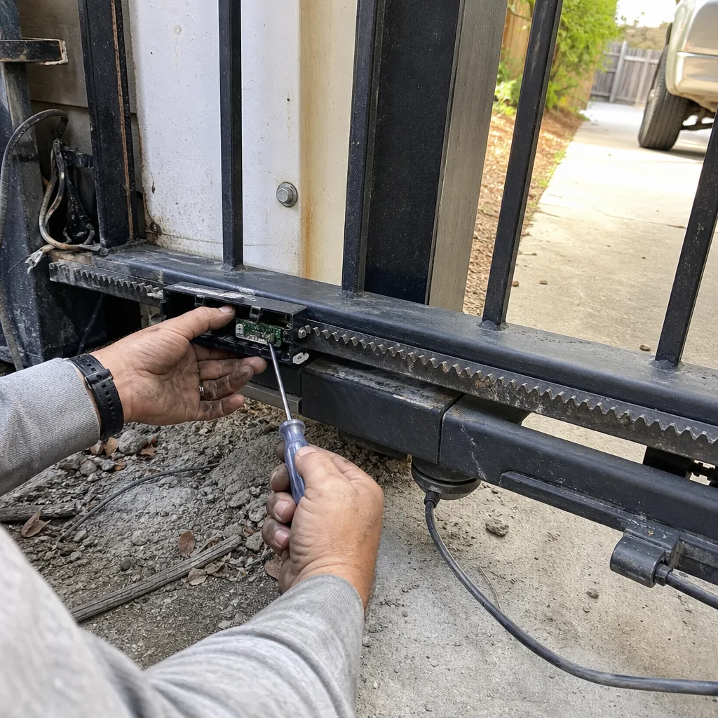 Technician performing professional electric gate repair and maintenance