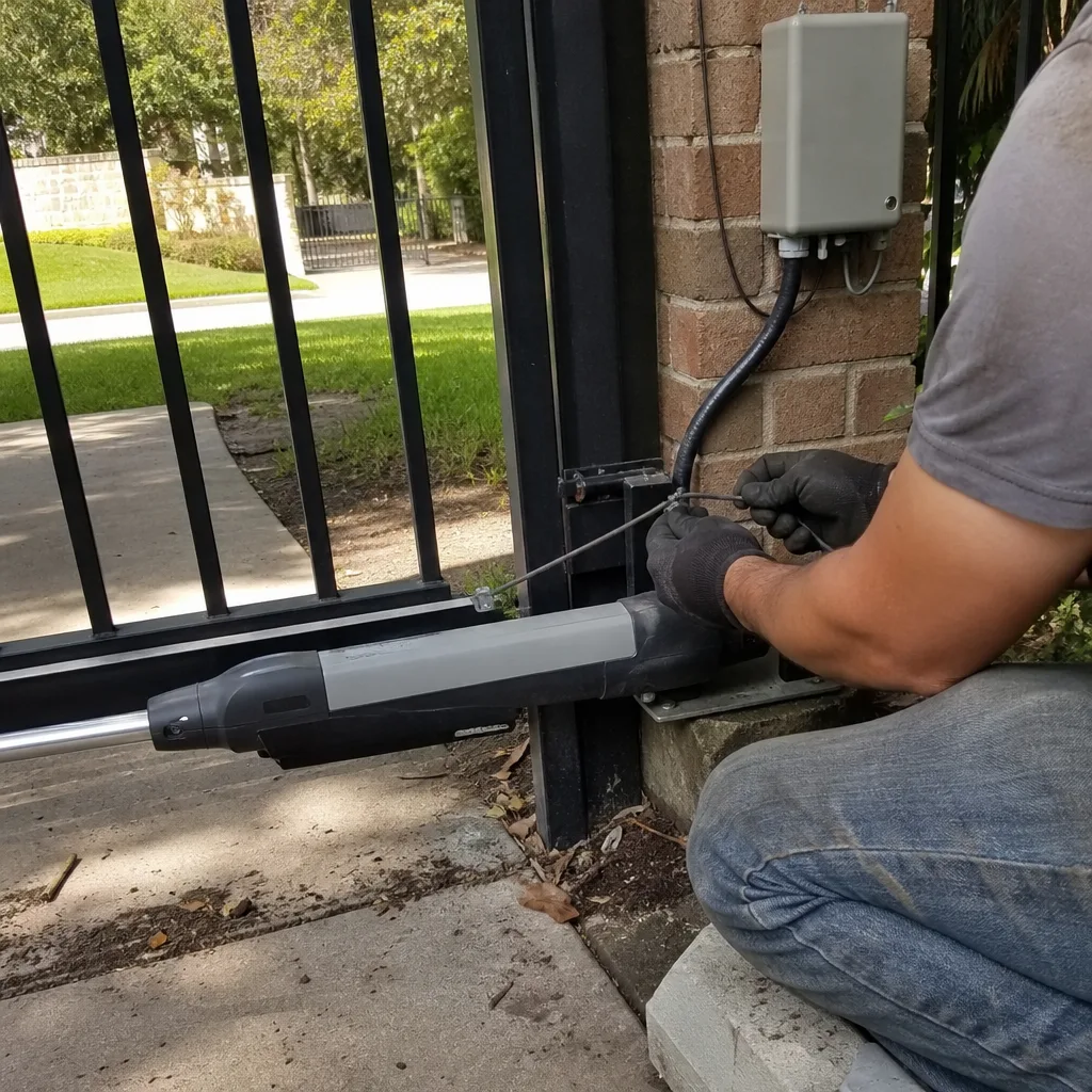 Technician performing professional electric gate motor repair and wiring maintenance