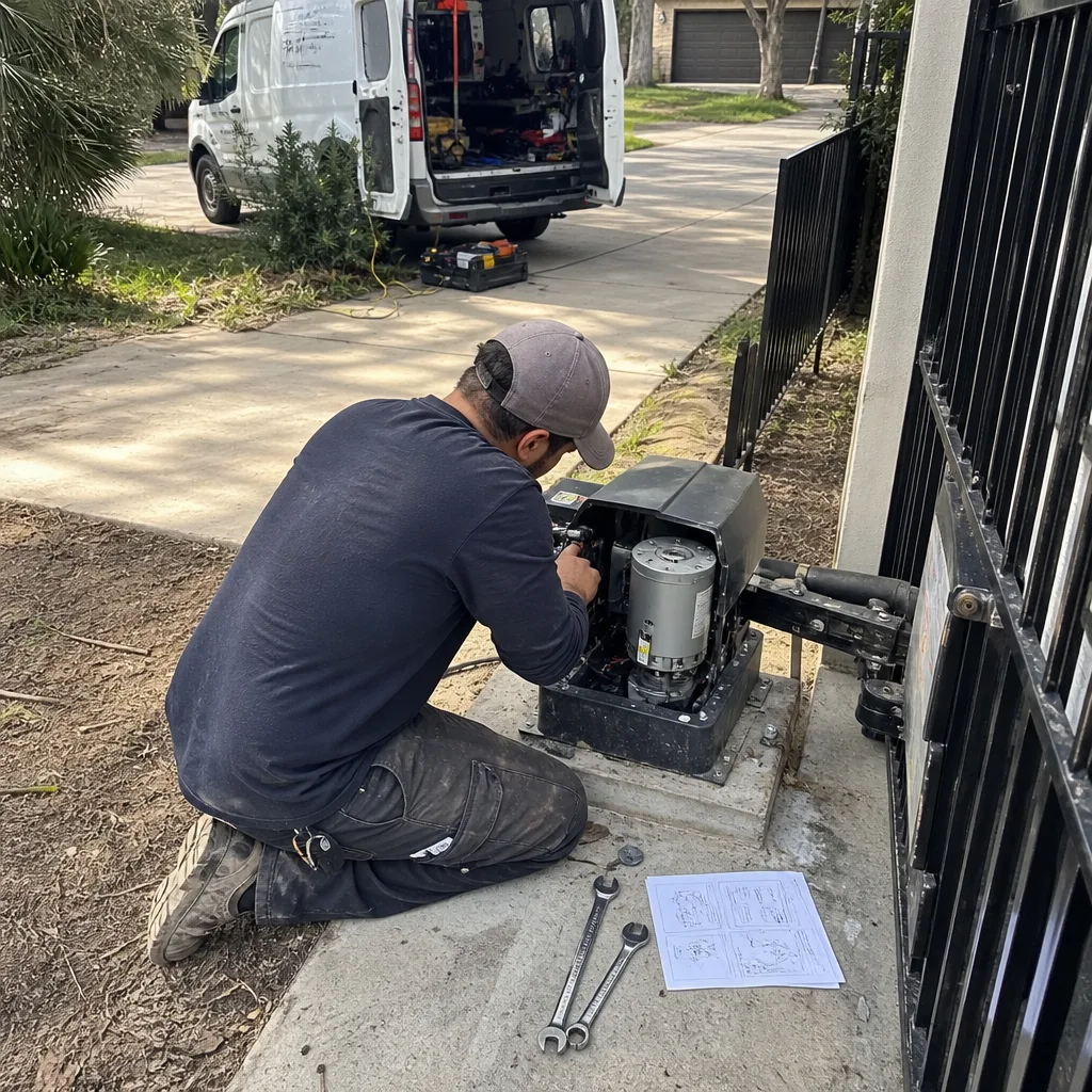 Technician performing electric gate motor repair and maintenance