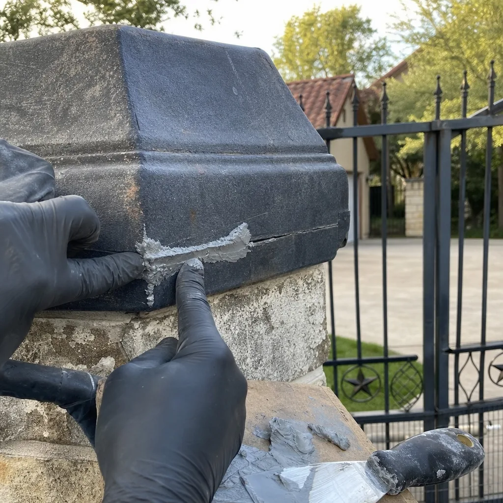 Worker applying epoxy putty to repair a crack in a gate post