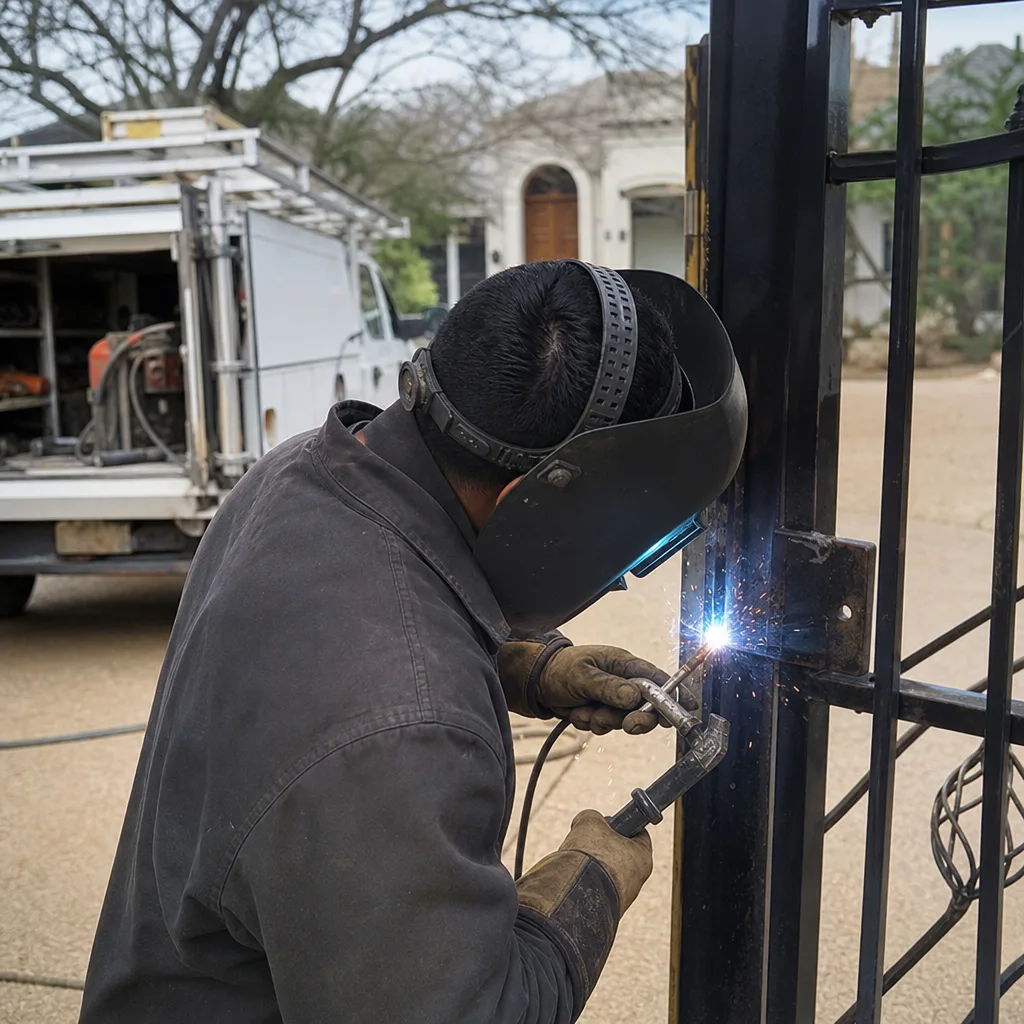 A professional technician performing metal gate repair with welding equipment.