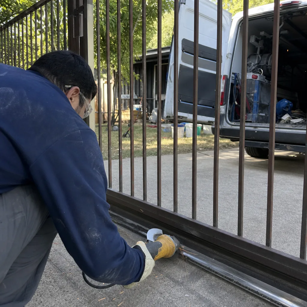 Technician using a power tool for professional metal gate track repair